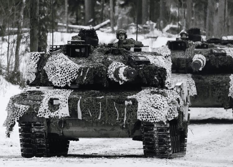 Denmark's Leopard 2A7 tanks move during the Winter Camp 23 military drills near Tapa, Estonia, Sunday, Feb. 5, 2023.