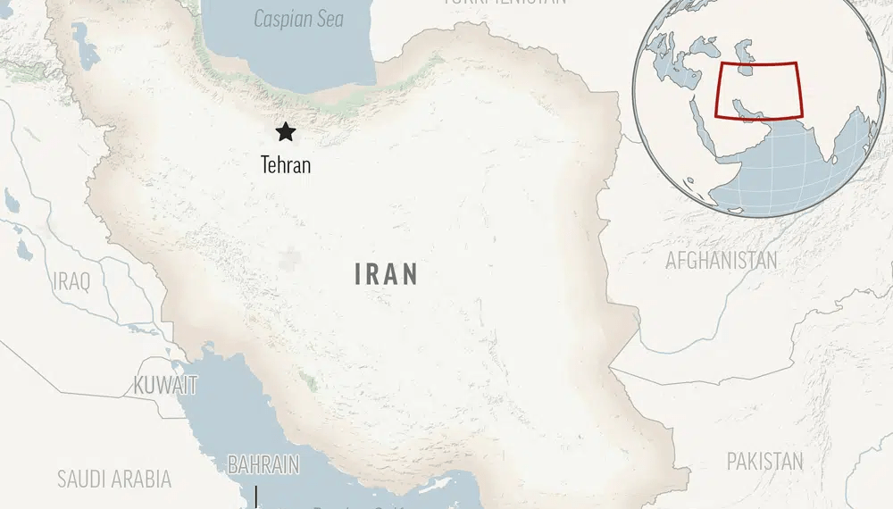 This is a locator map for Iran with its capital, Tehran.