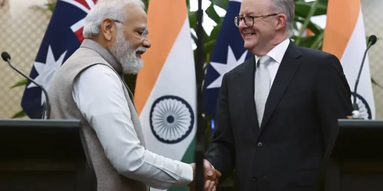 India's Prime Minister Narendra Modi, left, shakes hands with Australian Prime Minister Anthony Albanese following a joint press conference at Admiralty House in Sydney, Australia, Wednesday, May 24, 2023.