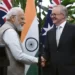 India's Prime Minister Narendra Modi, left, shakes hands with Australian Prime Minister Anthony Albanese following a joint press conference at Admiralty House in Sydney, Australia, Wednesday, May 24, 2023.