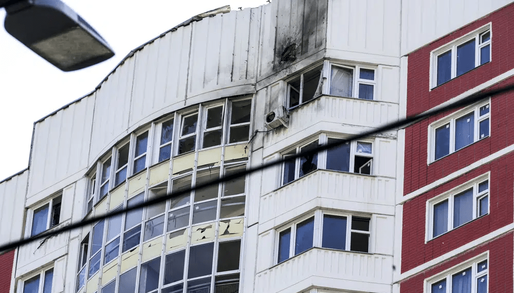 This photo shows a part of an apartment building which was reportedly damaged by Ukrainian drone in Moscow, Russia, Tuesday, May 30, 2023.