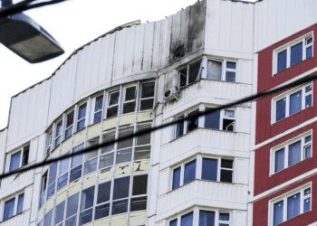 This photo shows a part of an apartment building which was reportedly damaged by Ukrainian drone in Moscow, Russia, Tuesday, May 30, 2023.