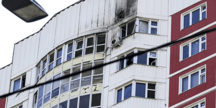 This photo shows a part of an apartment building which was reportedly damaged by Ukrainian drone in Moscow, Russia, Tuesday, May 30, 2023.