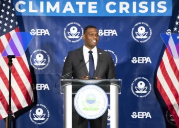 Environmental Protection Agency Administrator Michael Regan speaks about new proposed limits on greenhouse gas emissions from coal- and gas-fired power plants during an event at the University of Maryland on Thursday, May 11, 2023, in College Park, Md.