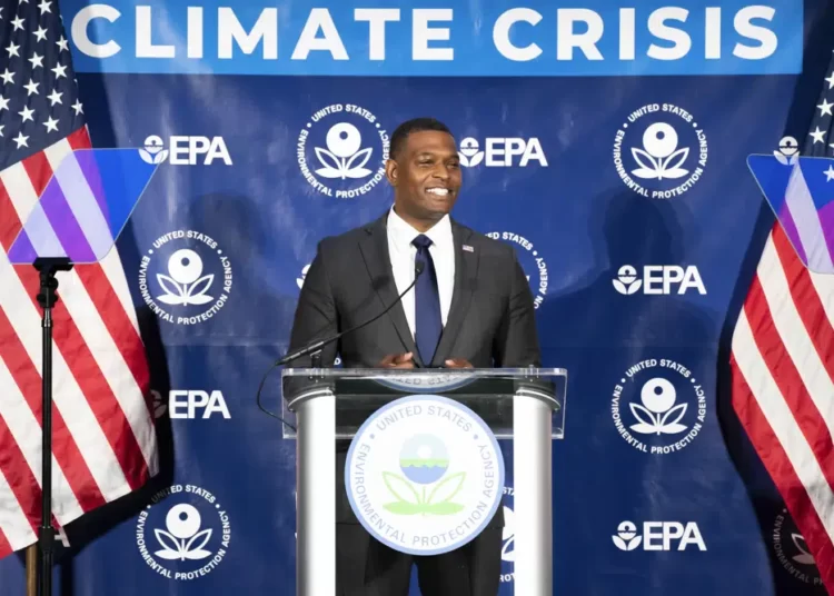 Environmental Protection Agency Administrator Michael Regan speaks about new proposed limits on greenhouse gas emissions from coal- and gas-fired power plants during an event at the University of Maryland on Thursday, May 11, 2023, in College Park, Md.