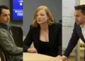 The photos Jeremy Strong as Kendall Roy, left, Sarah Snook as Shiv Roy, center, and Kieran Culkin as Roman Roy, from the HBO series "Succession".