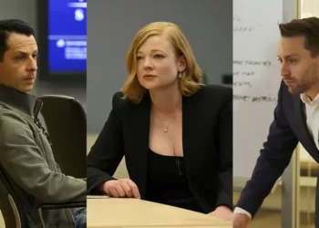 The photos Jeremy Strong as Kendall Roy, left, Sarah Snook as Shiv Roy, center, and Kieran Culkin as Roman Roy, from the HBO series "Succession".