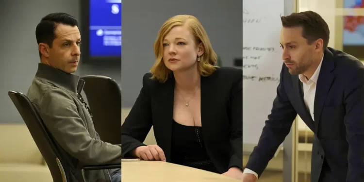 The photos Jeremy Strong as Kendall Roy, left, Sarah Snook as Shiv Roy, center, and Kieran Culkin as Roman Roy, from the HBO series "Succession".