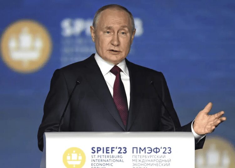 We Haven’t Turned Onto The Self-Isolation Path- Putin 1 Russian President Vladimir Putin gestures as he addresses the audience during the plenary session of the St. Petersburg International Economic Forum in St. Petersburg, Russia, Friday, June 16, 2023.