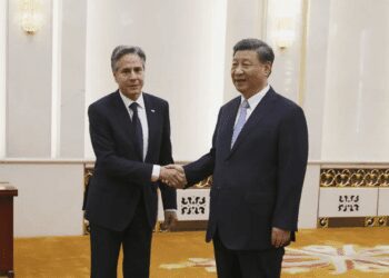 U.S. Secretary of State Antony Blinken shakes hands with Chinese President Xi Jinping in the Great Hall of the People in Beijing, China, Monday, June 19, 2023.