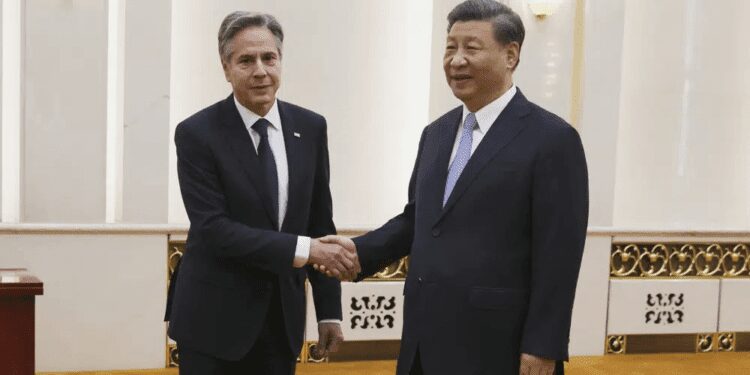 U.S. Secretary of State Antony Blinken shakes hands with Chinese President Xi Jinping in the Great Hall of the People in Beijing, China, Monday, June 19, 2023.