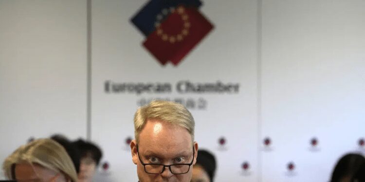 Foreign Companies Moving Investments Out Of China- Report 1 Jens Eskelund, president of the European Chamber attends the launch of the European Business in China: Business Confidence Survey in Beijing, Wednesday, June 21, 2023.