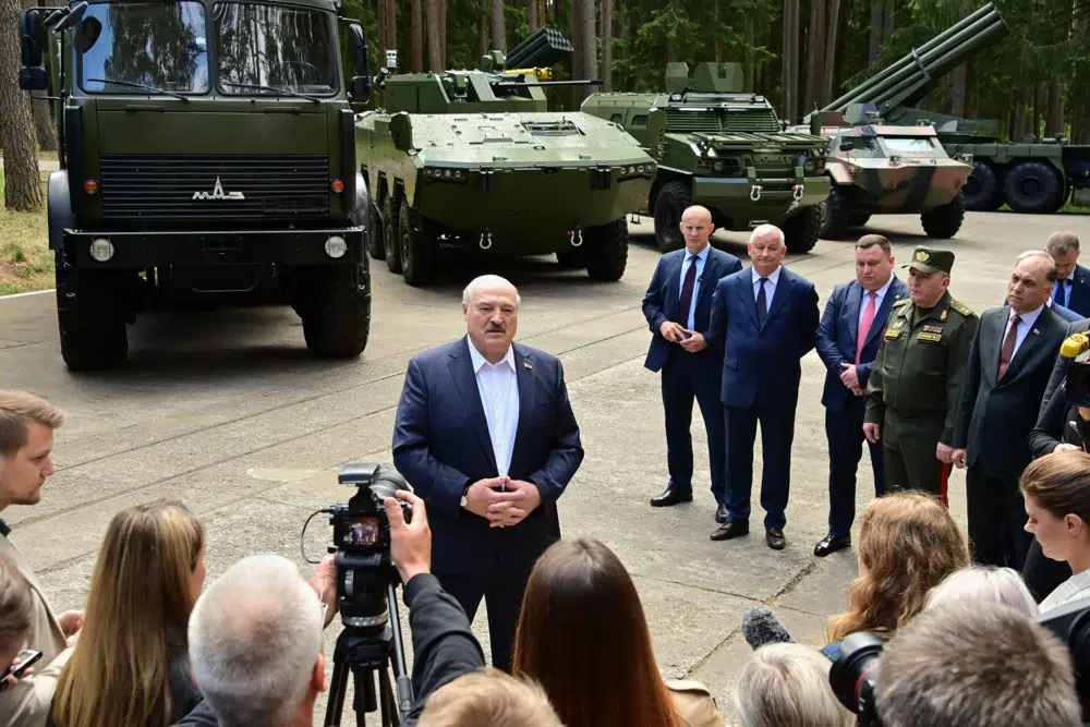 Belarusian Presidential Press Office Belarusian President Alexander Lukashenko talks with the media during his visit to the missile production enterprise in Minsk region Belarus