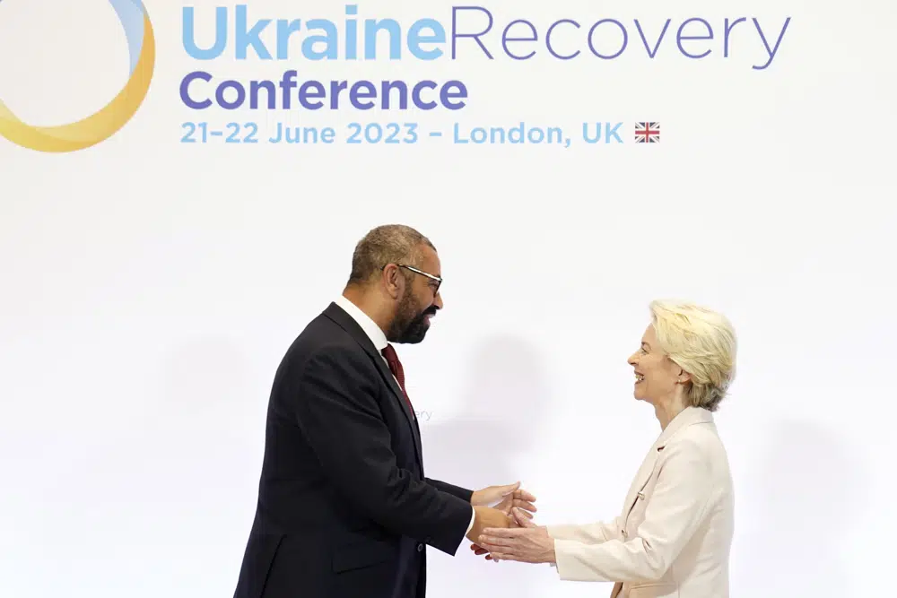 British Foreign Secretary James Cleverly left welcomes President of the European Commission Ursula von der Leyen at the Ukraine Recovery Conference