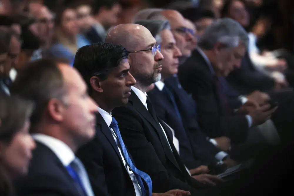 British Prime Minister Rishi Sunak left and Prime Minister of Ukraine Denys Shmyhal attend the Ukraine Recovery Conference in London 1