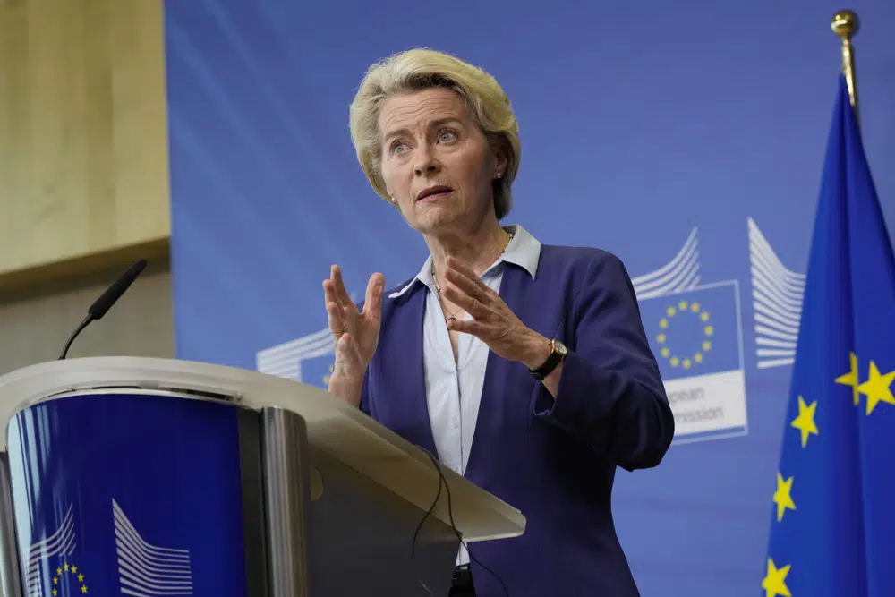 European Commission President Ursula von der Leyen speaks during a media conference after a meeting of the College of Commissioners at EU headquarters in Brussels