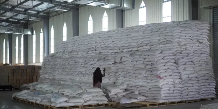 Ethiopians Starve As UN, US Halt Assistance 1 A worker walks next to a pile of sacks of food earmarked for the Tigray and Afar regions in a warehouse of the World Food Programme (WFP) in Semera, the regional capital for the Afar region, in Ethiopia.