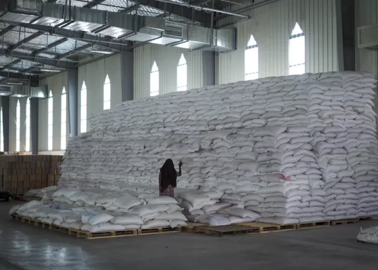 A worker walks next to a pile of sacks of food earmarked for the Tigray and Afar regions in a warehouse of the World Food Programme (WFP) in Semera, the regional capital for the Afar region, in Ethiopia.