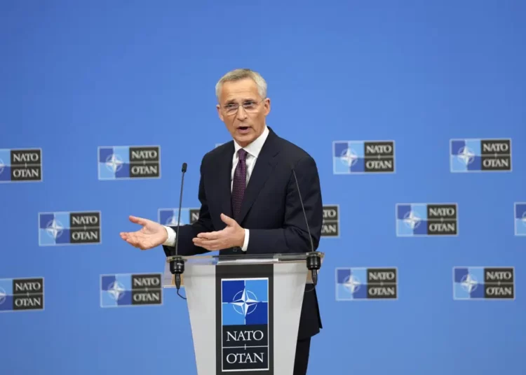 NATO Secretary General Jens Stoltenberg speaks during a pre-ministerial media conference at NATO headquarters in Brussels.