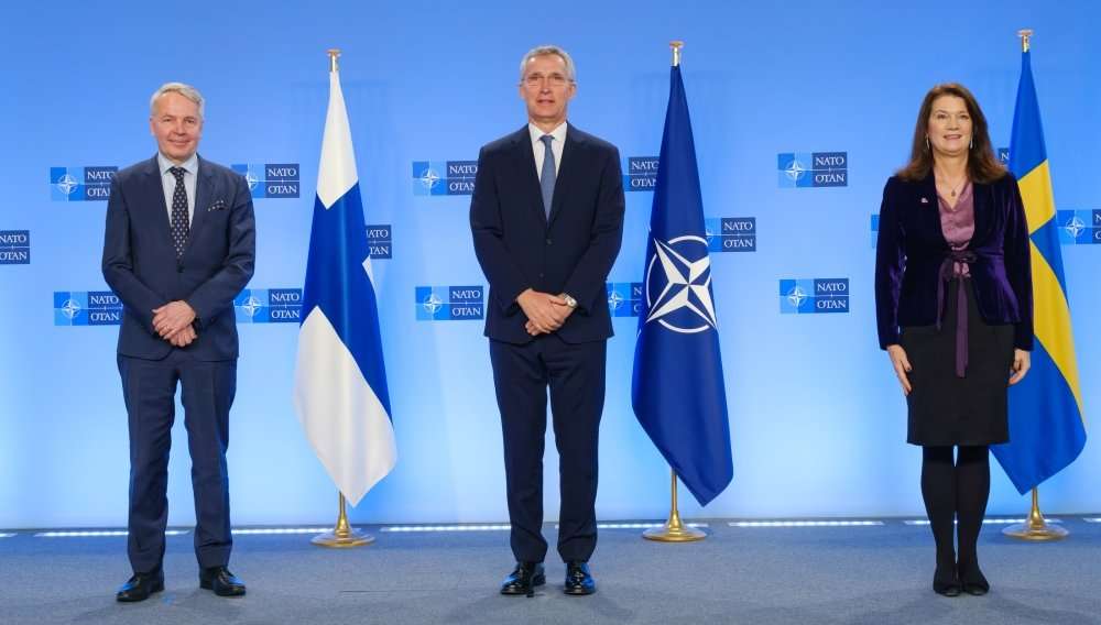 NATO Secretary General Jens Stoltenberg with the Minister for Foreign Affairs of Finland Pekka Haavisto and the Minister of Foreign Affairs of Sweden Ann Linde