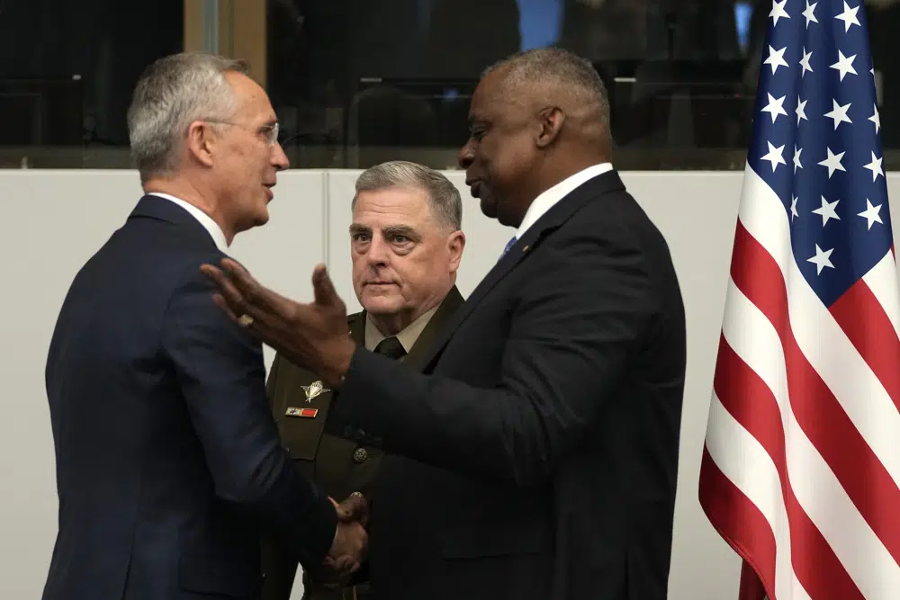 United States Secretary of Defense Lloyd Austin right greets NATO Secretary General Jens Stoltenberg left during a meeting of the Ukraine Defense Contact Group at NATO headquarters in Brussels