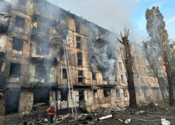 A storey building hit by Russian missiles.