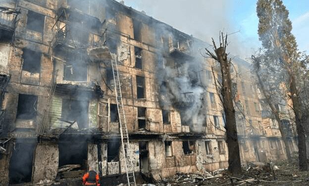 A storey building hit by Russian missiles.
