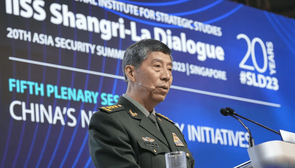 Chinese Defense Minister Gen. Li Shangfu delivers his speech on the last day of the 20th International Institute for Strategic Studies (IISS) Shangri-La Dialogue, Asia's annual defense and security forum, in Singapore, Sunday, June 4, 2023.