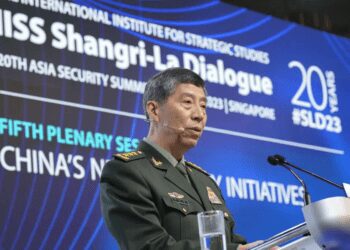 Chinese Defense Minister Gen. Li Shangfu delivers his speech on the last day of the 20th International Institute for Strategic Studies (IISS) Shangri-La Dialogue, Asia's annual defense and security forum, in Singapore, Sunday, June 4, 2023.