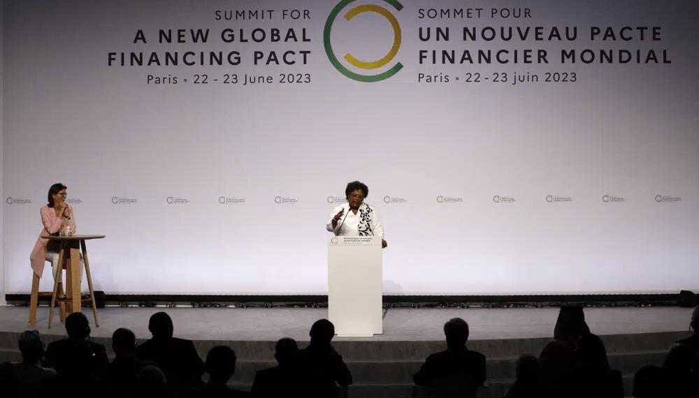 Paris Summit Ends Without Announcement Of Global Shipping Tax Agreement 1 Prime Minister of Barbados Mia Mottley delivers her speech at the New Global Financial summit in Paris, June 22, 2023.