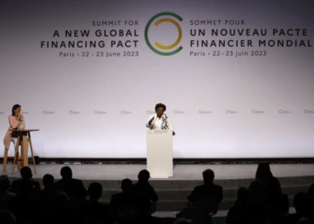 Prime Minister of Barbados Mia Mottley delivers her speech at the New Global Financial summit in Paris, June 22, 2023.