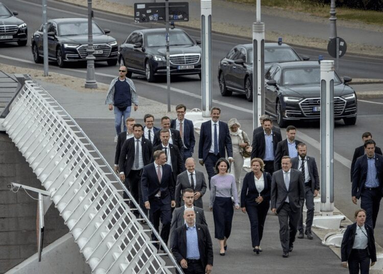 Germany Unveils First National Security Strategy 1 Finance Minister Christian Lindner, Chancellor Olaf Scholz, Foreign Minister Annalena Baerbock, Interior Minister Nancy Faeser and Defense Minister Boris Pistorius, from left, walk to a press conference to introduce the new German security strategy in Berlin, Wednesday, June 14, 2023.