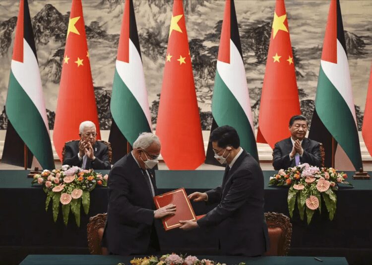 China Establishes “Strategic Partnership” With Palestinian Authority 1 Palestinian Foreign Minister Riyad Al-Maliki, front left, attends a signing ceremony with Chinese Foreign Minister Qin Gang, front right, as Palestinian President Mahmoud Abbas, rear left, and China's President Xi Jinping applaud at the Great Hall of the People in Beijing Wednesday, June 14, 2023.