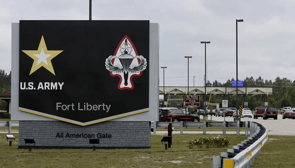 The new Fort Liberty sign is displayed outside the base on Friday, June 2, 2023 in Fort Liberty, N.C.