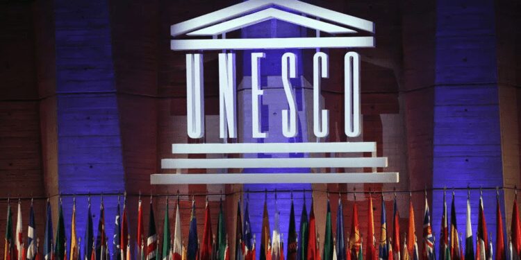 The logo of the United Nations Educational, Scientific and Cultural Organisation (UNESCO) is seen during the 39th session of the General Conference at the UNESCO headquarters in Paris, Saturday, Nov. 4, 2017.