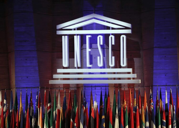 The logo of the United Nations Educational, Scientific and Cultural Organisation (UNESCO) is seen during the 39th session of the General Conference at the UNESCO headquarters in Paris, Saturday, Nov. 4, 2017.