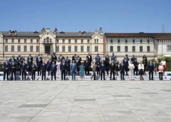 Leaders pose for a group photo during the European Political Community Summit at the Mimi Castle in Bulboaca, Moldova, Thursday, June 1, 2023.
