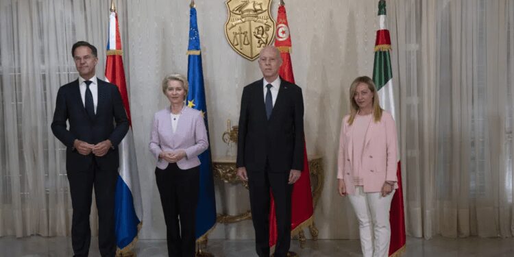 European Leaders Pledge More Than 1 Billion Euro Aid To Tunisia To Stem Migration 1 From left, Dutch Prime Minister Mark Rutte, European Commission President Ursula von der Leyen, Tunisian President Kais Saied, and Italian Premier Giorgia meloni meet in Tunis, Sunday, June 11, 2023.