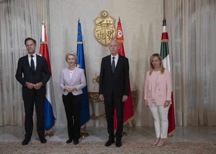 European Leaders Pledge More Than 1 Billion Euro Aid To Tunisia To Stem Migration 1 From left, Dutch Prime Minister Mark Rutte, European Commission President Ursula von der Leyen, Tunisian President Kais Saied, and Italian Premier Giorgia meloni meet in Tunis, Sunday, June 11, 2023.