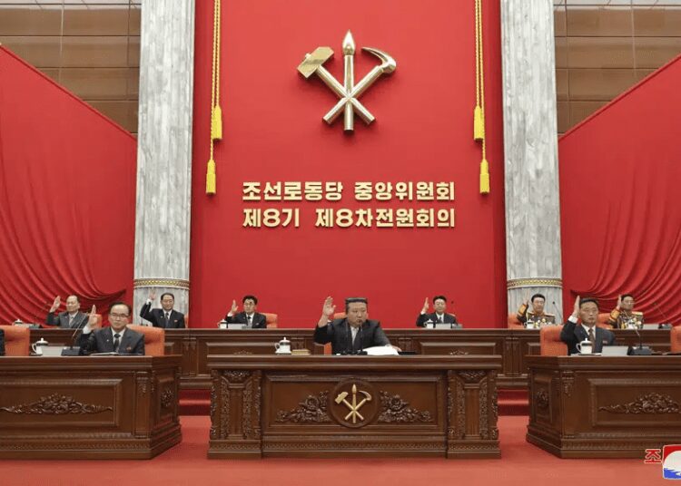 North Korea Vows To Make Second Attempt To Launch Spy Satellite 1 In this photo provided on June 19, 2023, by the North Korean government, North Korean leader Kim Jong Un, center, attends an enlarged plenary meeting of the ruling Workers’ Party’s Central Committee, which was held between June 16 and 18, at the party's headquarters in Pyongyang, North Korea.