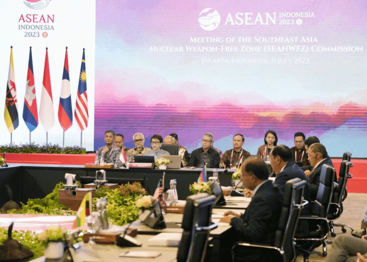 Indonesian Foreign Minister, Retno Marsudi(fourth left) delivers her opening remarks during the opening of the Southeast Asia Nuclear Weapon-Free Zone Commission (SEANWFZ) meeting on Tuesday, July 11, 2023.