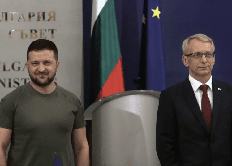 Zelenskyy Visits Bulgaria, Meets Prime Minister Nikolai Denkov 1 Ukrainian President, Volodomyr Zelenskyy (left), stands with Bulgarian Prime Minister Nikolai Denkov during a press conference at Sofia, Bulgaria, Thursday, July 6, 2023.