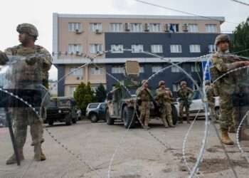 NATO forces guarding the administrative building in Northern Kosovo.