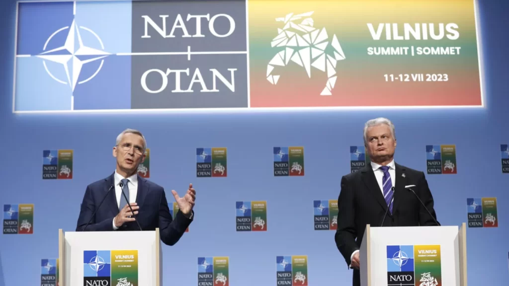NATO Secretary General Jens Stoltenberg and Lithuanian President Gitanas Nauseda addressing the Press ahead of the summit