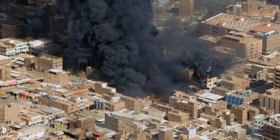 A market on fire on Monday in Omdurman, a city across the River Nile from the Sudanese capital, Khartoum.
