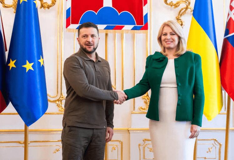 Zelenskyy Discusses Defence Cooperation With Slovak President 1 Slovakia's President Zuzana Caputova (R) welcomes Ukrainian President Volodymyr Zelenskyy during the welcome ceremony at the Presidential Palace on July 7, 2023.