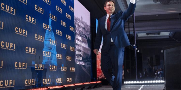 DeSantis Says Israel Has “Strongest Claim Of Right” To West Bank 1 Republican presidential candidate Florida Gov. Ron DeSantis, right, waves as he leaves the stage after speaking to the Christians United For Israel (CUFI) Summit on Monday, July 17, 2023.