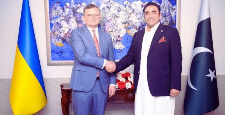 Pakistan Foreign Minister Bilawal Bhutto-Zardari, right, greets Foreign Minister of Ukraine Dmytro Kuleba at the Ministry of Foreign Affairs in Islamabad.