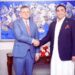 Pakistan Foreign Minister Bilawal Bhutto-Zardari, right, greets Foreign Minister of Ukraine Dmytro Kuleba at the Ministry of Foreign Affairs in Islamabad.