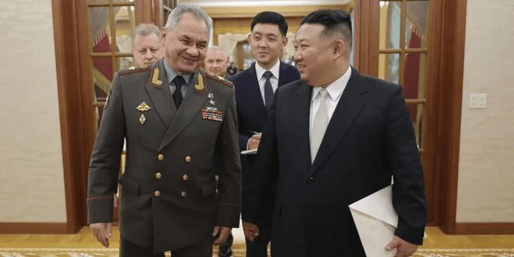 North Korean leader Kim Jong Un, right, meets with Russian Defense Minister Sergei Shoigu at the headquarters of the ruling Workers’ Party’s Central Committee in Pyongyang, North Korea.